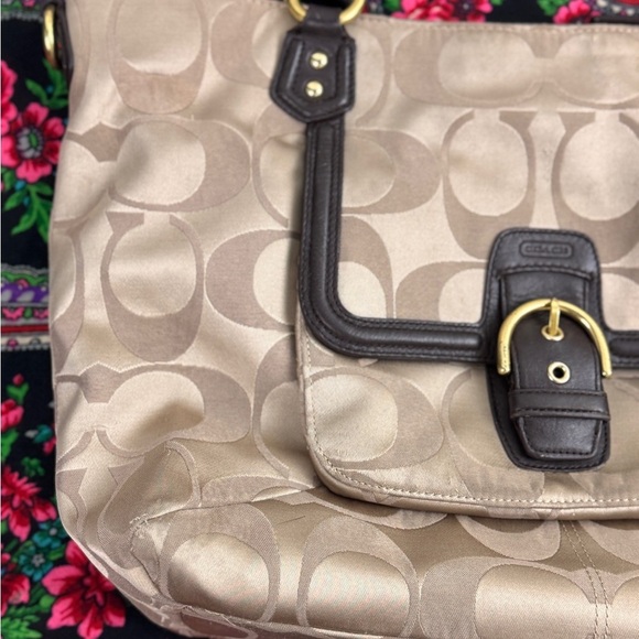 Coach Campbell Signature Handbag Large Brown Tan Sateen Purse Tote Career Preppy - Picture 2 of 15